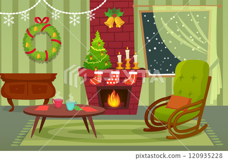 Warm fire crackling in a fireplace, inviting rocking chair, decorated christmas tree, and steaming mugs create a cozy holiday atmosphere in a festive living room 120935228