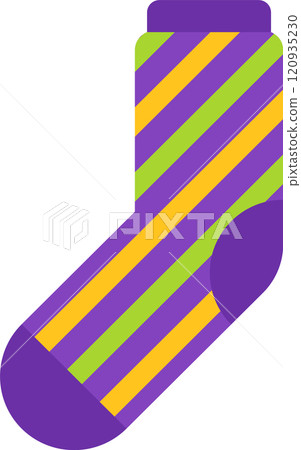 Colorful striped sock representing the festive spirit of mardi gras, featuring purple, green, and gold diagonal stripes, symbolizing justice, faith, and power 120935230