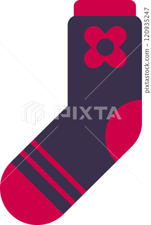 Single purple sock with pink decorations, including a stylized flower near the top and stripes near the toe, evokes feelings of comfort, warmth, and coziness 120935247