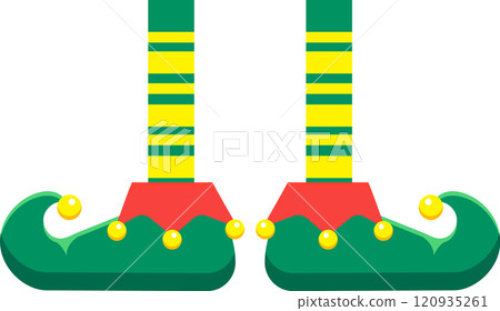Christmas elf wearing green and yellow striped stockings and green shoes with curled toes and three yellow bells, a festive and whimsical design element for holiday projects Christmas elf wearing green and yellow striped stockings and green shoes with curled toes and three yellow bells, a festive and whimsical design element for holiday projects 120935261