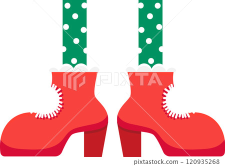 Christmas elf legs wearing red high heel boots with white fur trim and green tights with white polka dots, bringing a festive touch to holiday celebrations 120935268