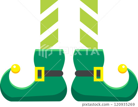 Green elf shoes with curled toes and golden buckles are paired with striped socks, creating a festive image perfect for christmas celebrations and holiday cheer 120935269