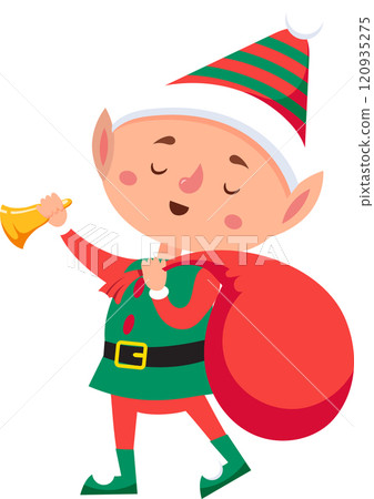 Christmas elf is ringing a golden bell while carrying a big red sack full of christmas gifts, with closed eyes, wearing a red and green costume Christmas elf is ringing a golden bell while carrying a big red sack full of christmas gifts, with closed eyes, wearing a red and green costume 120935275