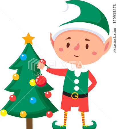 Cute cartoon christmas elf joyfully decorating a christmas tree with colorful baubles, wearing a traditional green and red costume, capturing the magic of the festive season 120935278
