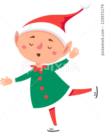 Cartoon christmas elf dancing joyfully with closed eyes, dressed in a vibrant green dress and red tights, radiating happiness and magic throughout the festive season 120935279