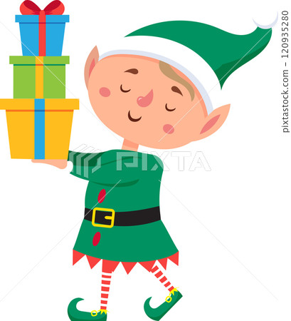 Cheerful christmas elf wearing a pointy green hat and shoes, carefully balancing a vibrant stack of colorful wrapped gifts, embodies the joyful spirit of the holiday season Cheerful christmas elf wearing a pointy green hat and shoes, carefully balancing a vibrant stack of colorful wrapped gifts, embodies the joyful spirit of the holiday season 120935280