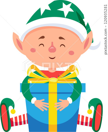 Cute christmas elf with green hat and pointy ears hugging a big blue gift box with yellow ribbon, smiling with closed eyes, expressing joy and happiness Cute christmas elf with green hat and pointy ears hugging a big blue gift box with yellow ribbon, smiling with closed eyes, expressing joy and happiness 120935281