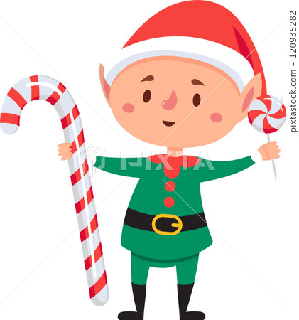 Festive christmas elf joyfully holding a giant candy cane and a colorful lollipop, embodying the cheerful spirit of the holiday season with sweetness and delight Festive christmas elf joyfully holding a giant candy cane and a colorful lollipop, embodying the cheerful spirit of the holiday season with sweetness and delight 120935282