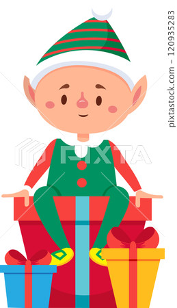 Cute christmas elf with striped hat and pointy ears sitting on large red gift box with two smaller gift boxes next to it, celebrating the festive holiday season Cute christmas elf with striped hat and pointy ears sitting on large red gift box with two smaller gift boxes next to it, celebrating the festive holiday season 120935283