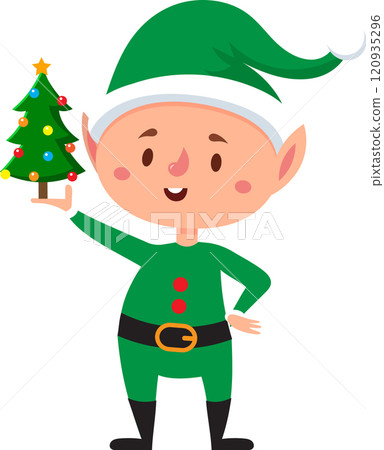 Smiling christmas elf wearing green clothes and hat, holding a decorated christmas tree with colorful ornaments, celebrating christmas time with joy and festive spirit 120935296