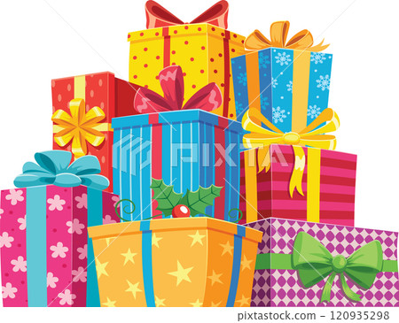 Vibrant pile of colorful christmas gifts adorned with ribbons and bows, creating a cheerful and festive holiday background perfect for celebrating the season of joy and generosity 120935298