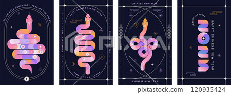 Chinese new year 2025 year of the Snake. Red Snake illustrations, vertical design, cards, banners 120935424