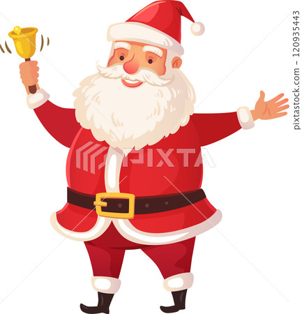 Santa claus joyfully ringing a golden bell while extending warm greetings with open arms, capturing the essence of the festive christmas spirit and holiday cheer 120935443