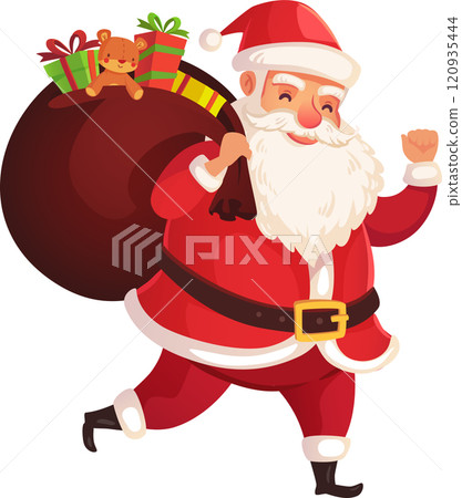 Happy santa claus is running fast, bringing gifts to children all over the world, carrying a heavy bag full of christmas presents and a teddy bear Happy santa claus is running fast, bringing gifts to children all over the world, carrying a heavy bag full of christmas presents and a teddy bear 120935444
