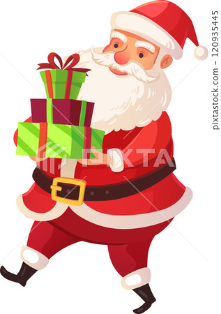 Santa claus walking joyfully while carrying a stack of colorful christmas gifts, spreading happiness and festive cheer to children around the world during the holiday season Santa claus walking joyfully while carrying a stack of colorful christmas gifts, spreading happiness and festive cheer to children around the world during the holiday season 120935445