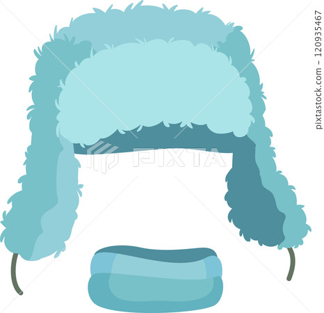 Light blue ushanka protecting from cold weather with ear covering flaps and neck cover, winter clothes, warm hat, isolated on white background 120935467