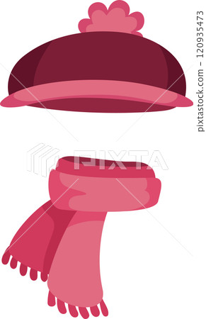 Winter accessories set including a pink scarf with fringes and a maroon hat with a pink pompom, providing warmth and protection during cold weather 120935473