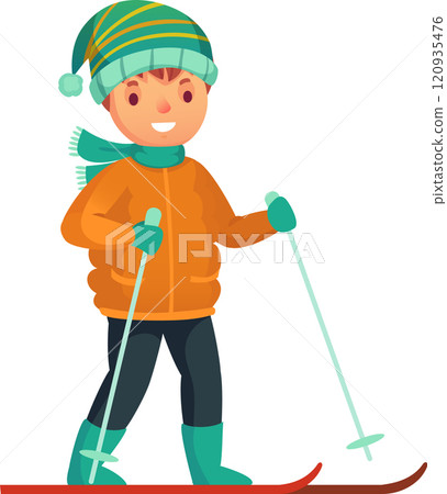 Happy child wearing warm winter clothes, including an orange jacket, a scarf, and a striped hat, is skiing using ski poles and enjoying winter sports 120935476