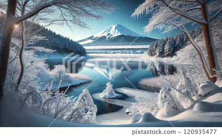 Snow-capped Mount Fuji and a winter lake | A winter landscape of silence and beauty 120935477
