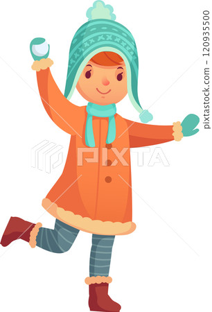 Cheerful child wearing warm winter clothes, including a knitted hat, coat, scarf, and mittens, is playfully throwing a snowball, embodying the joy and excitement of winter activities 120935500