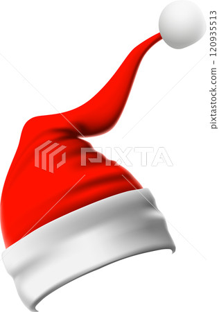 Red and white santa claus hat with white pompom tilting slightly to the right, providing a festive and cheerful image perfect for christmas projects Red and white santa claus hat with white pompom tilting slightly to the right, providing a festive and cheerful image perfect for christmas projects 120935513