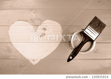 Heart shape on wooden surface with paintbrush on the side, Mocha and Mousse 120935814
