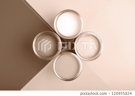 Top view of four paint cans with Mocha and Mousse inspiration 120935824