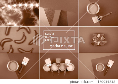 Elegant color palette featuring brushes, bananas, and sparkling lights for 2025 Elegant color palette featuring brushes, bananas, and sparkling lights for 2025 120935838