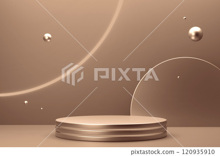 Minimalist podium with floating spheres in neutral tones, demonstrating color of 2025 year Minimalist podium with floating spheres in neutral tones, demonstrating color of 2025 year 120935910