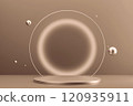 Elegant minimalist podium design with circular elements and floating spheres 120935911