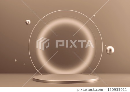 Elegant minimalist podium design with circular elements and floating spheres 120935911