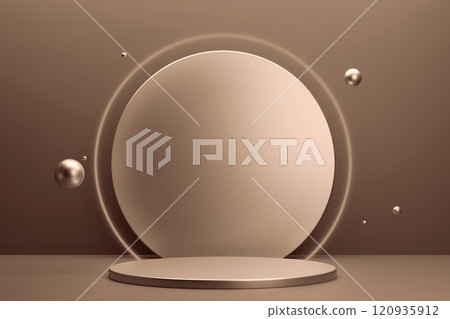 Elegant abstract podium with spheres in a mocha and mousse hue Elegant abstract podium with spheres in a mocha and mousse hue 120935912