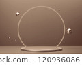 Elegant abstract podium display with spheres and warm brown tones 120936086