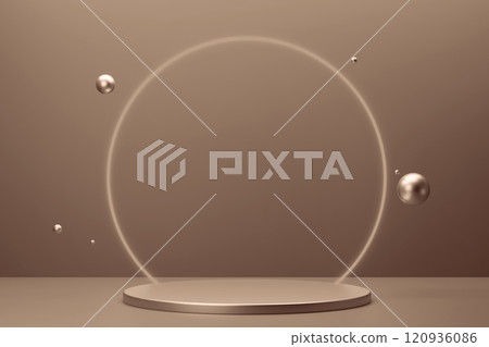 Elegant abstract podium display with spheres and warm brown tones 120936086