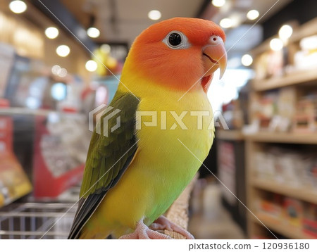 Vibrant sun conure perched on fence in close-up with soft focus background 120936180