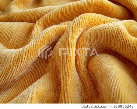 Texture and detail of soft yellow fabric creating waves and patterns 120936242