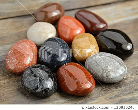 Smooth river stones, various sizes and colors, underwater, aquarium decoration, zen garden 120936243