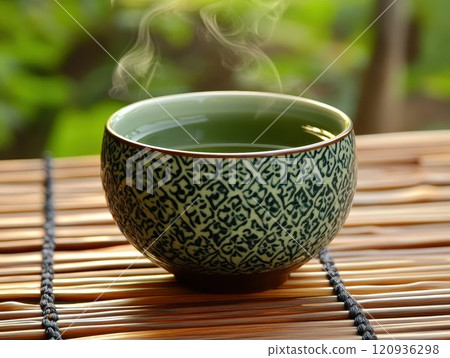 Tea cup, ceramic texture, delicate floral pattern, green tea with steam, Asian tradition 120936298