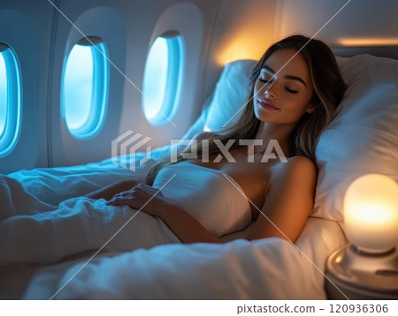 Traveler relaxing in first-class airplane suite, comfortable bed, personalized service 120936306