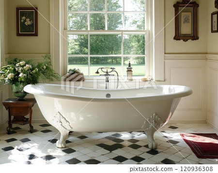 Vintage bathtub, clawfoot design, ornate details, classic bathroom, antique fixtures 120936308