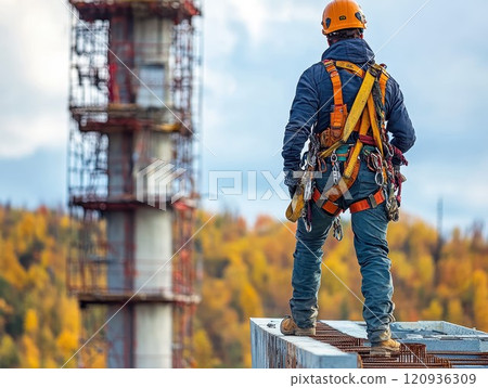 Construction worker overlooks cityscape at sunset: urban growth, adventure, and ambition 120936309