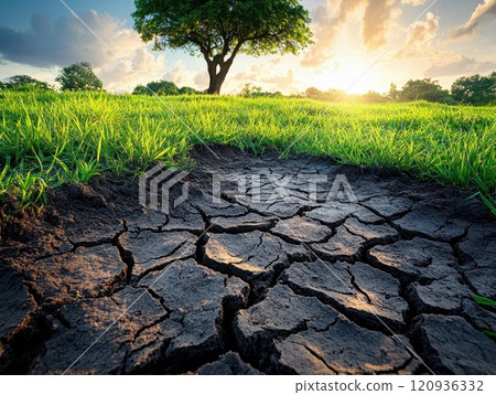 Green grass and cracked earth contrast under bright sunlight revealing natural drought and environmental impact 120936332