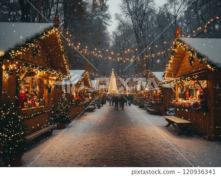 Christmas market, snow falling, wooden chalets, twinkling lights, festive atmosphere, shoppers 120936341