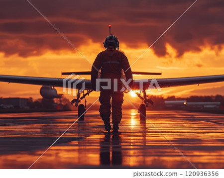 Pilot walking towards airplane, flight suit and helmet, silhouette against sunrise, ready for takeoff 120936356