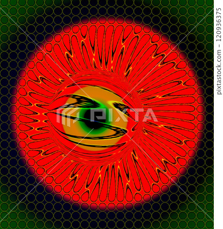 Orange eye with yellow pupil. Creative image. Bright orange eye close-up on a green background in an art execution. Expressionism. Orange eye with yellow pupil. Creative image. Bright orange eye close-up on a green background in an art execution. Expressionism. 120936375