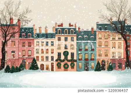 Christmas watercolor town, colorful old houses, European New Year charm 120936437
