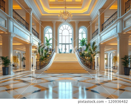 luxurious hotel lobby with a grand staircase, marble floors, and a stunning chandelier luxurious hotel lobby with a grand staircase, marble floors, and a stunning chandelier 120936482