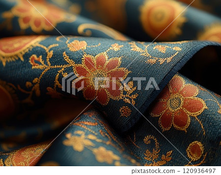 Tapestry or jacquard decor abric pattern with floral design and vibrant texture evoke cultural artistry 120936497