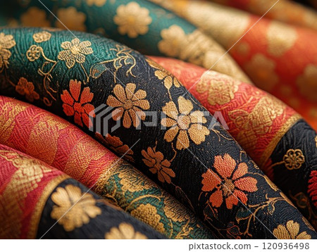 Tapestry or jacquard decor abric pattern with floral design and vibrant texture evoke cultural artistry 120936498