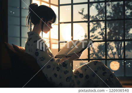 A soothing illustration of a woman reading a book by a moonlit window 120936540